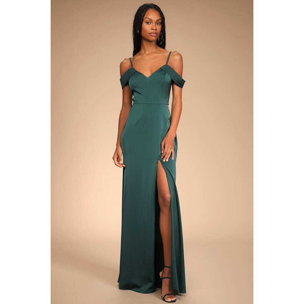 Lulus Lovely Devotion Emerald Green Satin Cold-shoulder Mermaid Dress - Size L